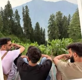 Three friends looking out at pine-covered mountains